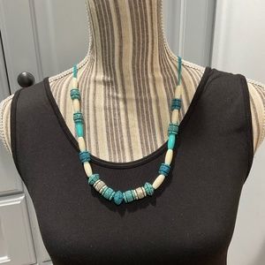 Vintage Blue and White Tribal Necklace on Rawhide